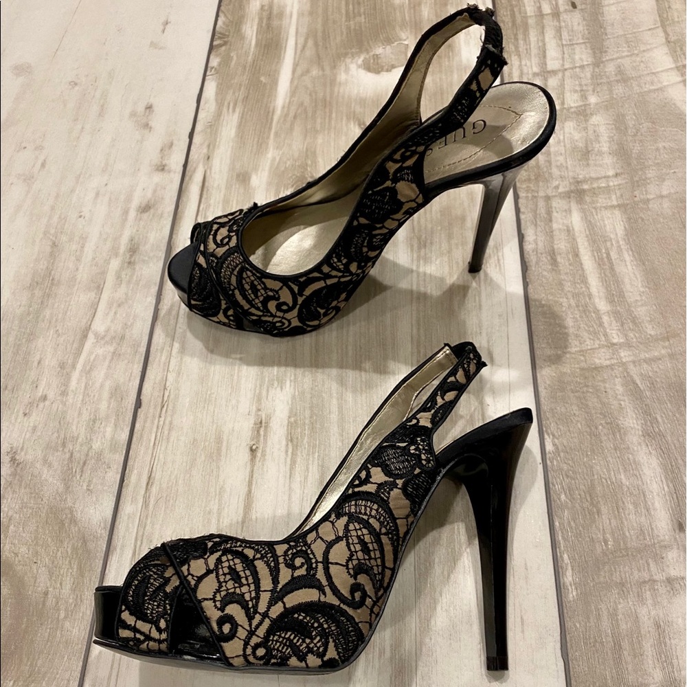 Guess Black Lace Open Toe Heels, Size: 6.5